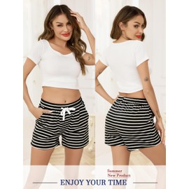 Vlazom Women's Pajama Bottoms Cotton Shorts Sleepwear Stripes Lounge Pants with Pockets Drawstring, S, Black-stripes