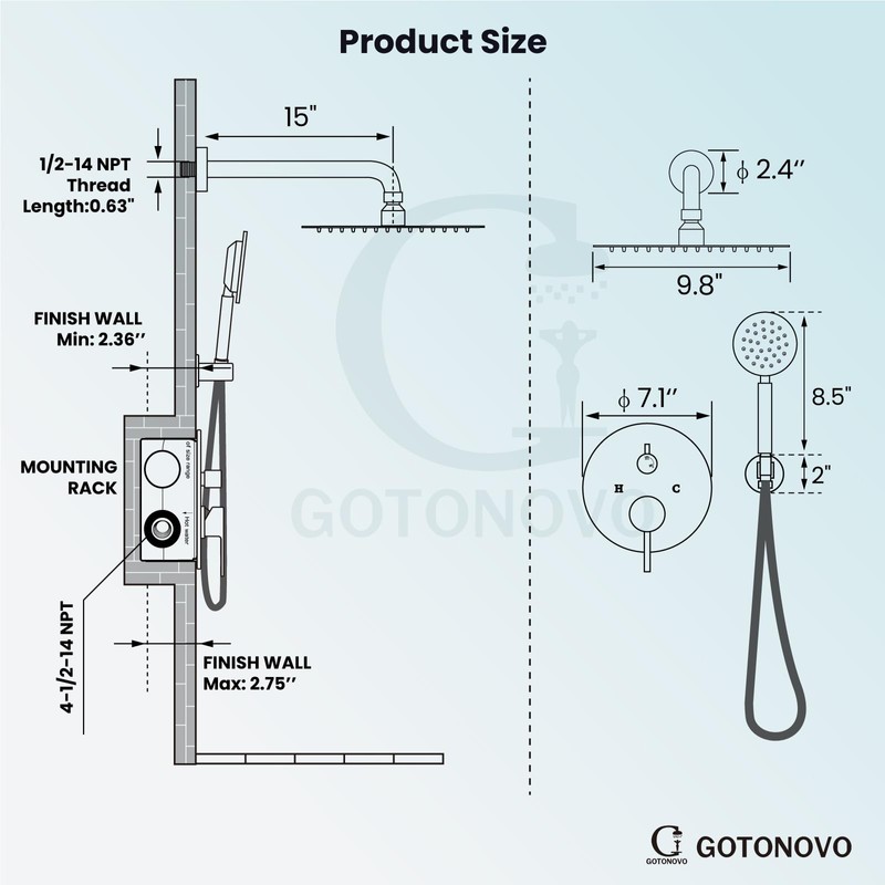 gotonovo Rain Shower System with 10 Inch Round Showerhead and
