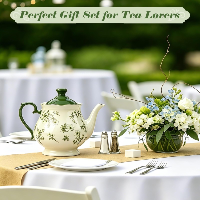 45oz Bone China Teapot, Vintage Green Floral Large Tea Pot