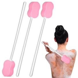 Yetene 3 Pieces Long Handle Sponge 22.4'' Back Sponge on a Stick Body Brush Handled Washer Scrubber for Foot Body Limited Motion (Pink)