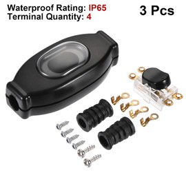 sourcing map Waterproof Appliance Switch, AC 250V 3A ON/Off Inline Cord Rocker Switches IP65 for Lamp Black Pack of 3