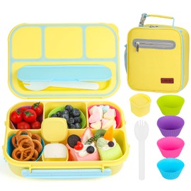 MaMix Bento Box for Kids Lunch Box, Lunchable Containers for Kids Adults with 4 Compartments + Lunch Bag, with Utensils, Sauce Jar, Muffin Liners (yellow set)