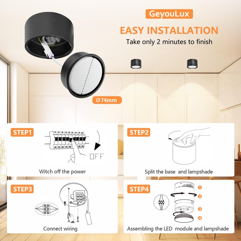 GeyouLux LED surface-mounted spotlight, black, diameter 95 x 55 mm,