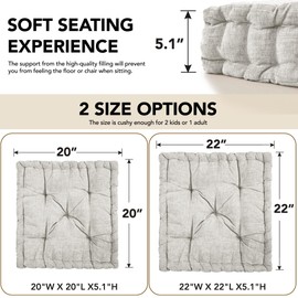 Deconovo Floor Cushions, Meditation & Yoga Sitting Pillows, Round & Square Cushion for Window Seat, Bench, Chair, Reading Nook, Soft Indoor Floor Pillows, Light Grey, 22x22x5.1 Inch