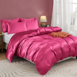 Horbaunal 5 Pieces Satin Duvet Cover Set Queen/Full Size Hot Pink Duvet Cover with Corner Ties & Zipper Closure, Luxury & Silky Bedding Set, 1 Duvet Cover and 4 Pillowcases (No Comforter)