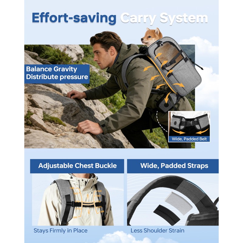 Hiking Dog Carrier Backpack, Padded Height-Enhancing Design, Adjustable Waist Cushioning