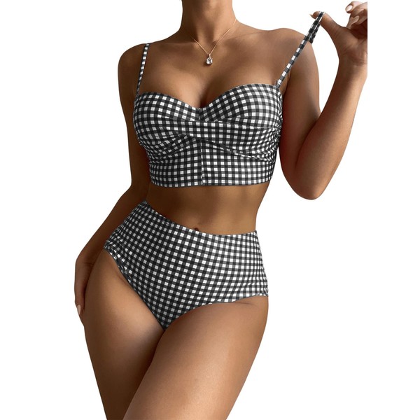 SOLY HUX Women's Bikini Sets Plaid Twist Front High Waisted