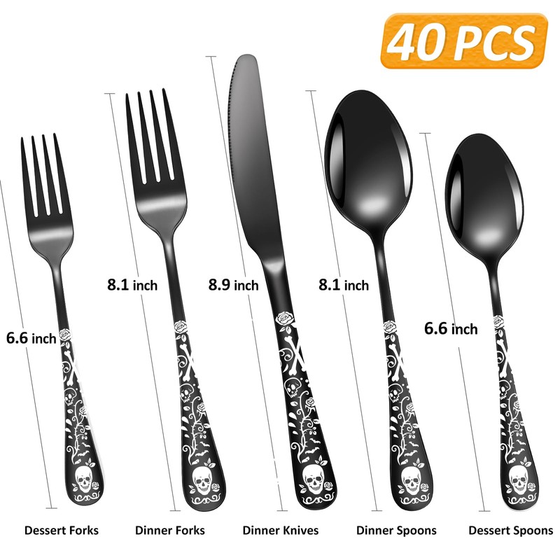 40-Piece Black Skull Silverware Set for 8, Flatware Set Stainless