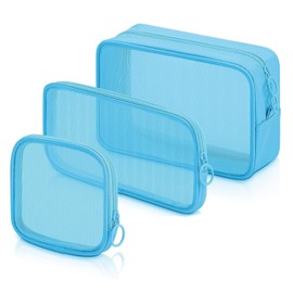 3Pcs Mesh Cosmetic Bag, Mesh Makeup Bag Portable Travel Organizing Pouch Toiletry Bag with Zipper for Home Office Travel Accessories,3 Sizes, Blue, Mesh Makeup Bag With Zipper