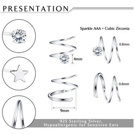 Kakonia 2Pairs 925 Sterling Silver Twist Wrap Spiral Earrings for Women Double Hoop Climber Cuff Earrings Hypoallergenic Tiny CZ Cartilage Twist Piercing Earrings