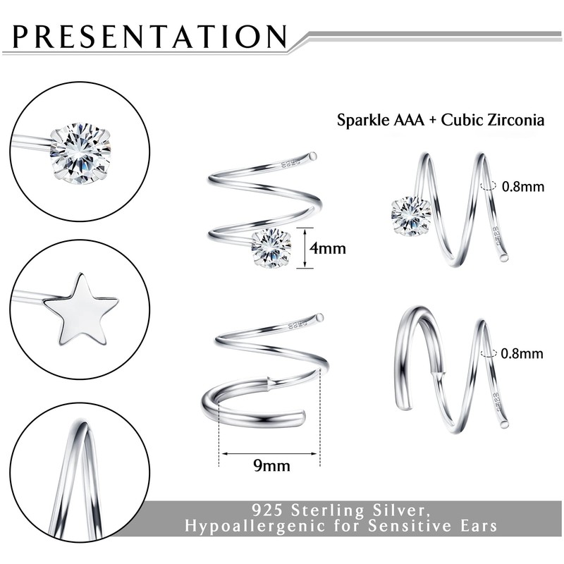 Kakonia 2Pairs 925 Sterling Silver Twist Wrap Spiral Earrings for