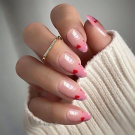 24Pcs Valentines Nails Press on Nails Medium Almond Nails Red White Heart Fake Nails with Glue Pink Glossy Acrylic Nails Supply Valentines Day Heart False Nails for Women DIY Valentine Fake Nails