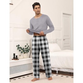Ekouaer Men's Pyjamas Sets Long Sleeve Pjs Soft Loungewear Winter Henley Top with Checked Pants Light Grey S