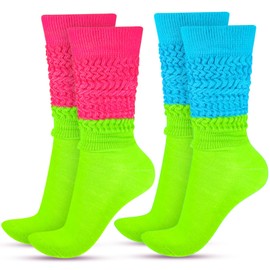 JenPen 2 Pairs Neon Slouch Socks for Women 80s 90s Scrunch Socks Heavy Soft Extra Long Scrunchie Socks Size 9 to 10(Fluorescent Green, Rose Red, Blue)