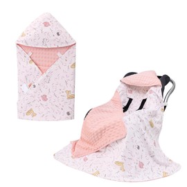 LAT Baby Car Seat Blankets, Universal baby Swaddling Blanket,Boy Girl Hooded Cosy Toes,Double Layer Cotton Warm Blanket Wrap for Car Seat, Pushchair, Pram, Buggy, 90 x 90 cm (Pink+Colorful Rabbit)