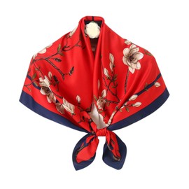 Hioyiwse Head Scarf For Women Hair Bandana 35" Large Square Satin Wrap Sleeping Neck Silk Satin Hair Scarves Lightweight, F23-white Flowers on Red Background(35*35inch）, 35