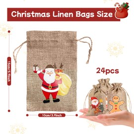 24 Pack Christmas Linen Bags with Drawstrings, 8 Designs Small Burlap Gift Bags Bulk for Gifts, Treats, Candies, Goodies, etc…