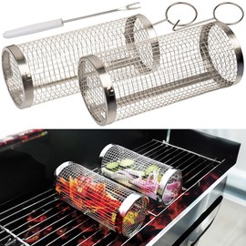 Rosenstein & Söhne Grill basket cylinder: set of 2 stainless steel grill baskets, stackable, incl. hooks and skewers (cylinder wire mesh grill basket, fish stainless steel, barbecue skewers)