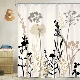 Omifly Beige Cream Floral Shower Curtain 72Wx84H Inch Taupe Brown Silhouette Wildflower Rustic Boho Plant Botanical Vintage Abstract with 12 Plastic Hooks Fabric Waterproof Toilet Accessories Decor