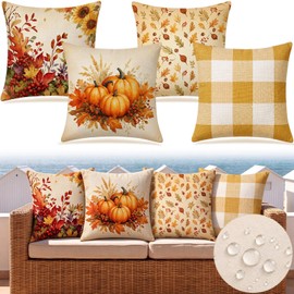 Mixweer 4 Set Vintage Fall Waterproof Outdoor Throw Pillows 18 x 18 Inch Outdoor Pillow Covers -Theme Home Decor for Porch Patio Furniture Couch Sofa Garden Farmhouse Decorations