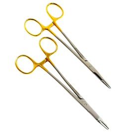 Premium Olsen-Hegar Needle Holder 6in (15.24cm), Serrated Jaws with Tungsten Carbide Inserts - Scissor Clamps - Gold Handle - Multi-Purpose Veterinary Pliers (2)