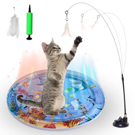 Generic MEEJA PETS Cat Sensory Water Mat with Cat Feather Wand Toy - Interactive, Portable, Lightweight