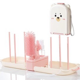 6 In1 Baby Bottle Brush Kit,Portable Silicone Bottle Brush Cleaner Set with Straw Brush,Nipple Brush,Drying Rack,Soap Dispenser,Storage Bag for Travel or Home (Pink)