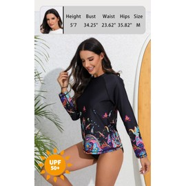 Halcurt Women's Long Sleeve Rash Guard Swim Top UPF50+ SPF Sun Protection Swimsuit Quick Dry Bathing Suit Black Paisley M