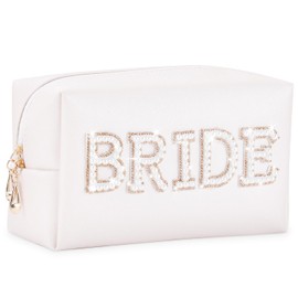 Bride Cosmetic Bag, Etercycle Bride to Be Gifts Bling Pearl Letter Rhinestone Patch Makeup Bag, Waterproof PU Travel Toiletry Bag for Bachelorette Party Women Wedding Bridal(Gold)