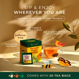 Gya Tea Co Ginger Turmeric Herbal Tea Bags Bulk (20 Bags) - Decaf Ginger Tea Bags for All Day Wellness - Cozy & Warm Ginger and Turmeric Tea Bags - Turmeric Ginger Tea Bag Fruit & Herbal Tea Blends