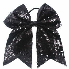 Xansema 6.5 Inches Sequins Hair Bows Elastic Hair Tie Ribbon Large Cheer Bow Ponytail Holder Hair Band for Women Girls Kids Teens (Black)