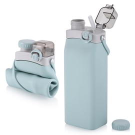 Fentar Faltbare Trinkflasche, 600ml Silikon Trinkflasche mit Strohhalm, Sport Trinkflasche BPA Frei, Hitzebeständige Wasserflasche Faltbar, Trinkflasche Auslaufsicher für Sport Laufen Festival, Blau