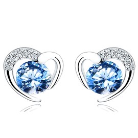 Silver Stud Earrings for Women, Stud Earrings Blue Cubic Zirconia Heart Studs│Dainty Earrings Jewellery Gifts for Girls