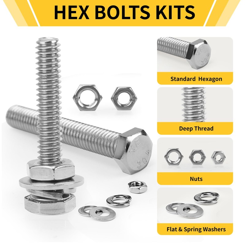 Homwin 255Pcs Stainless Steel Bolts and Nuts Kit, 1/4-20, 5/16-18,