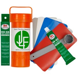 JLF Repair Kit with HH-66 Vinyl Cement Glue for Inflatable Stand Up Paddle Boards (SUP) Includes 3" x 6" Red, White, Blue, Clear, Grey PVC, 5 Patches and 6 Prong Valve Wrench