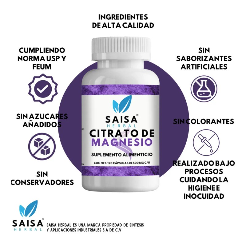 Citrato De Magnesio 500 Mg 120 Cpsulas 100 Puro Saisa