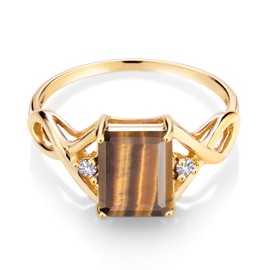 Gem Stone King 2.08 Ct Brown Tiger Eye White Created Sapphire 18K Yellow Gold Plated Silver Ring (Size 9)
