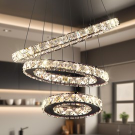 AstroLuominate Dimmable Crystal LED Chandelier(3000-6500K) for High Ceiling – Remote Control, Adjustable Height, Modern Stainless Steel Fixture for Foyer, Staircase, Living Room(Chrome 3-Ring)