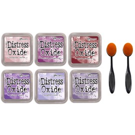 Tim Holtz Ranger Distress Oxide Ink, 6 Shades of Purple, Victorian Velvet, Seedless Preserves, Aged Mahogany, Wilted Violet, Shaded Lilac, Dusty Concord, 6 Inks, 2 Carnora Blending Brushes, 8 Items