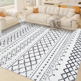 Area Rug Living Room Rugs 8x10 - Large Soft Boho Geometric Rugs, Non-Slip Foldable Washable Rugs Non Shedding Morden Indoor Floor Carpet for Living Bedroom Office Dining Room(Black,8'x10')