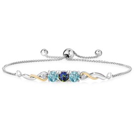 Two-Tone Gemstone Birthstone and Blue Zircon and Accent Lab Grown Diamond Infinity Tennis Bracelet For Women In 925 Silver and 10K Yellow Gold | Round 5MM and 1.3MM | Fully Adjustable Up to 9 Inch