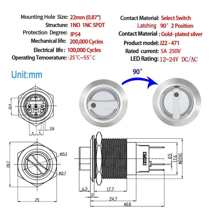 UL Listed 22mm Selector Switches Rotary Switch On Off 2