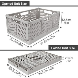 GOYADA 4 PCS Collapsible Crate, Plastic Folding Storage Crates, 30x20x12cm Small Stackable Storage Crates, Grey Plastic Folding Storage Baskets for Toy Kitchen Car Trunk Bedroom Office