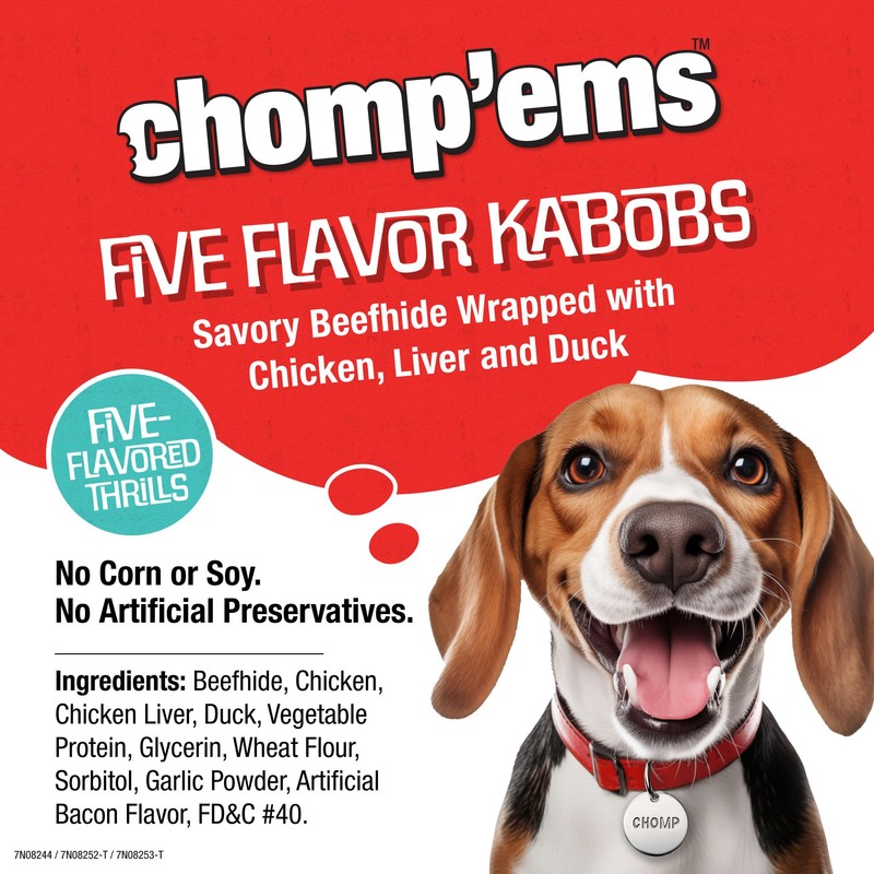 CHOMP 'EMS Five Flavor Kabobs Dog Treats - Beefhide Chewstick