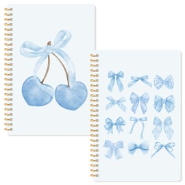 CNhoqc 2pcs Blue Coquette Aesthetic Notebooks, Coquette Preppy Theme Spiral Journal Notebook, Blue Bow Cherry Watercolor Aesthetic College Hardcover Spiral Notebooks for School Stationery Supply