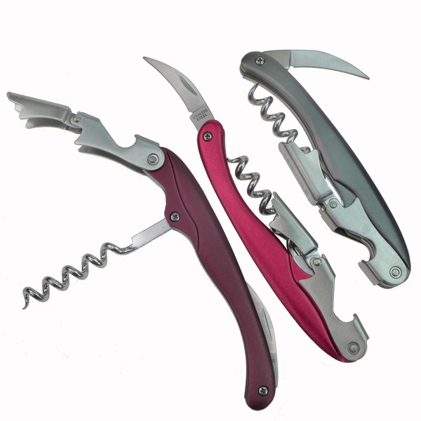 3 x Waiter's Knife Corkscrew with Bottle Opener for Bottle Caps and Foil Cutter Stainless Steel Set of 3 with 3 Colours