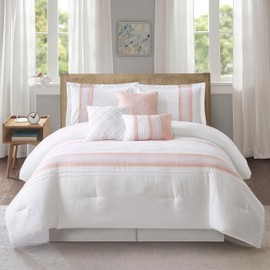 Stratford Park Striped 7 Piece Pink White Comforter Set, King Size Microfiber Bedding, All Season Bedding Set, Bed Skirt, Pillows & Shams