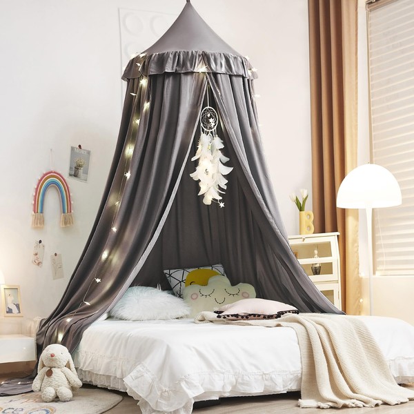 Kertnic Decor Canopy for Kids Bed, Soft Smooth Playing Tent Canopy Girls Room Decoration Princess Castle, Dreamy Mosquito Net Bedding, Children Reading Nook Canopies in Home (Gray)