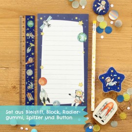 Papierdrachen 6-Piece Writing Set for Primary School Children Astronaut Motif with Pencil Sharpener Ruler Eraser Writing Pad Gift Idea for School Enrolment Party Bags for Children's Birthday Parties