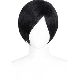 Osseoca- Peluca de pelo corto negra con flequillo y raya a un lado, pelo lacio, melena completa, peluca de simulación de personaje de anime de 11 pulg